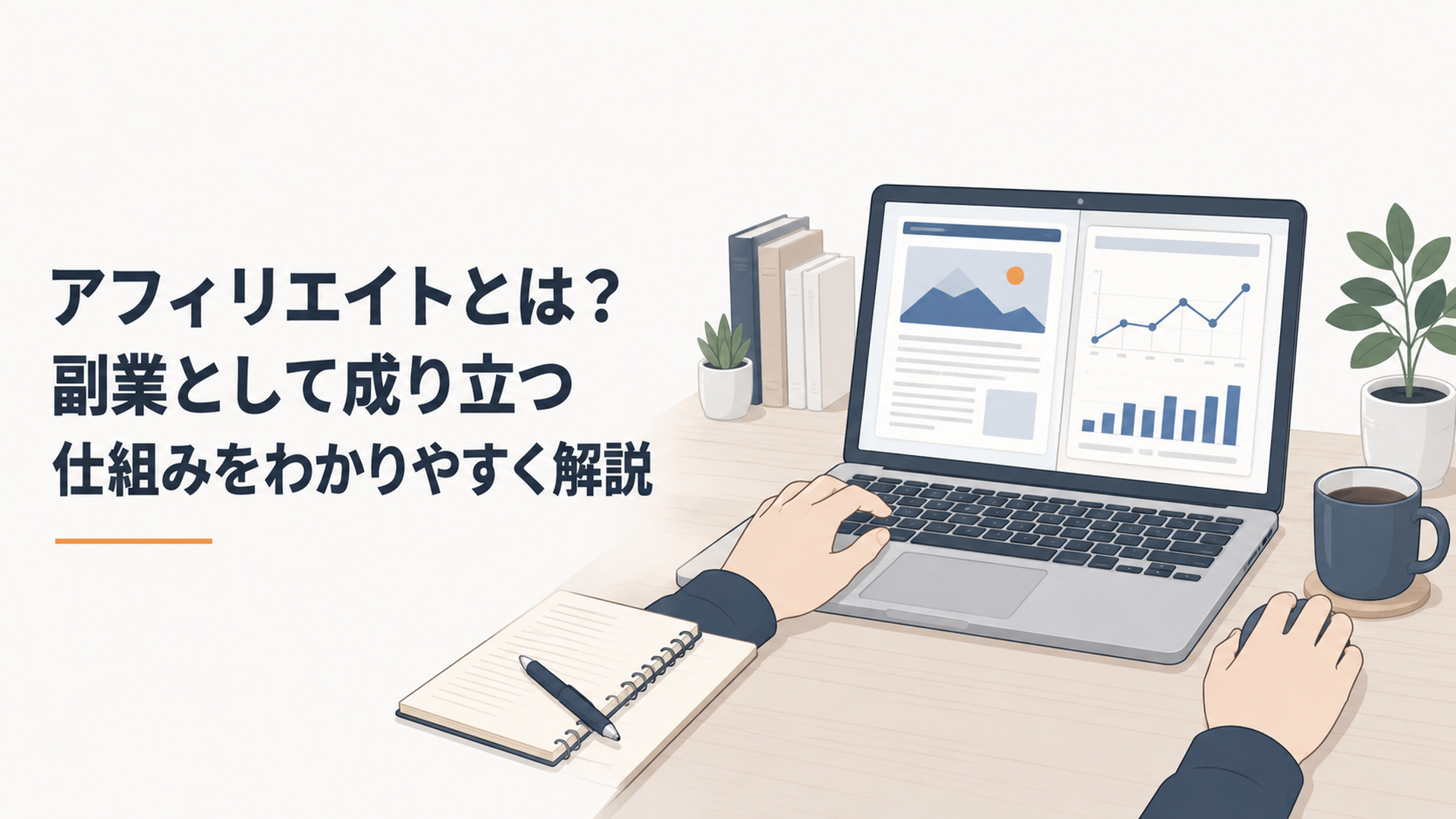 自宅のデスクでノートパソコンを開き、ブログ記事とアクセス解析の画面を落ち着いて見比べる会社員の手元