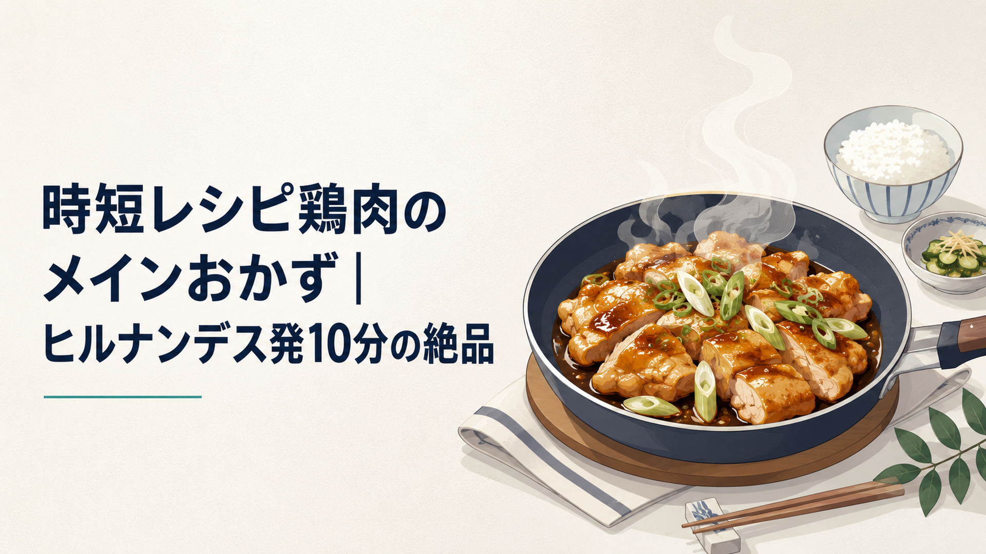 フライパンで照り焼きにされた鶏もも肉とねぎ、湯気の立つ和食の食卓