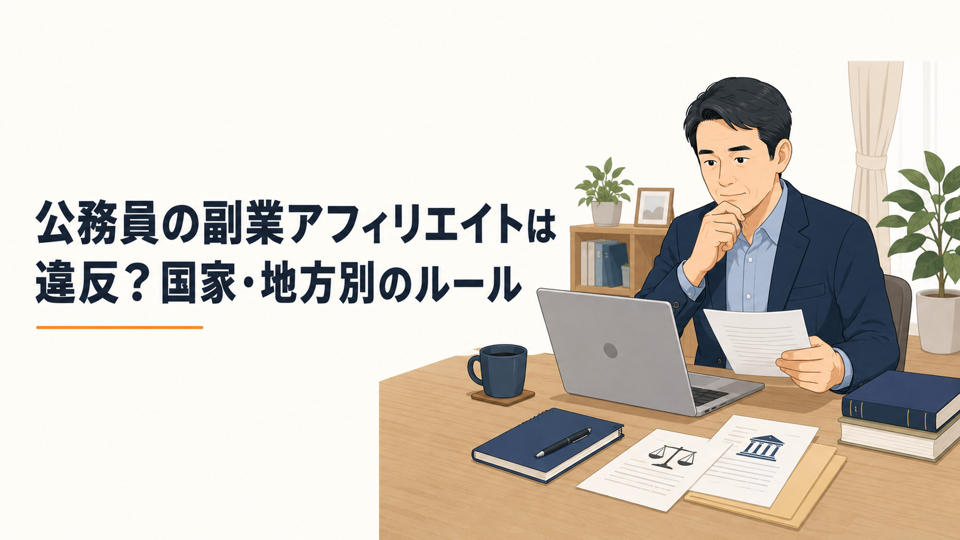 自宅のデスクでノートパソコンを開き、法令の資料を確認しながらブログ画面を見つめる40代男性のシーン