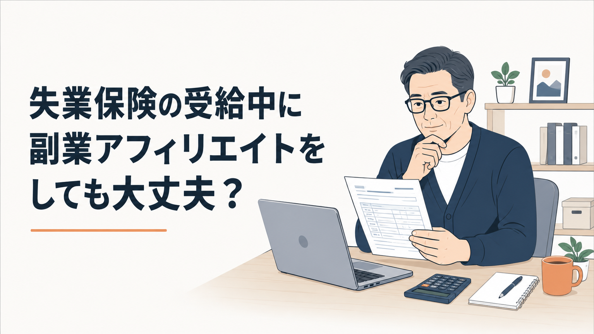 自宅のデスクでノートパソコンを開き、失業認定申告書と電卓を前に落ち着いて確認作業をする40代男性
