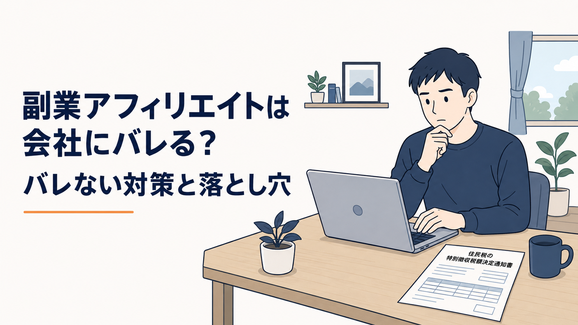 自宅のノートパソコンで副業ブログを書く会社員と、机の上に置かれた住民税の特別徴収税額決定通知書