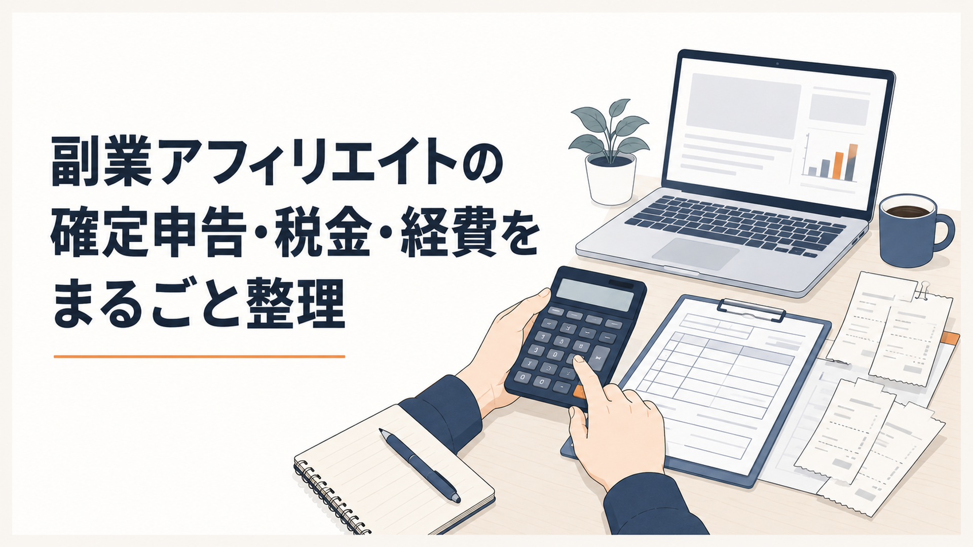 パソコンとレシート、確定申告書を前に電卓をたたく副業ブロガーの手元