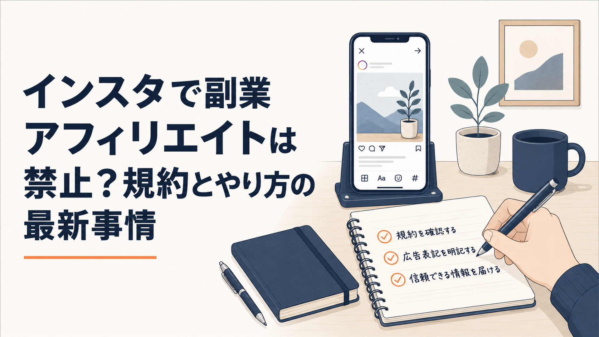 スマホでインスタの投稿画面を見ながらノートに注意点を書き出す、落ち着いた雰囲気の在宅ワークの机まわり