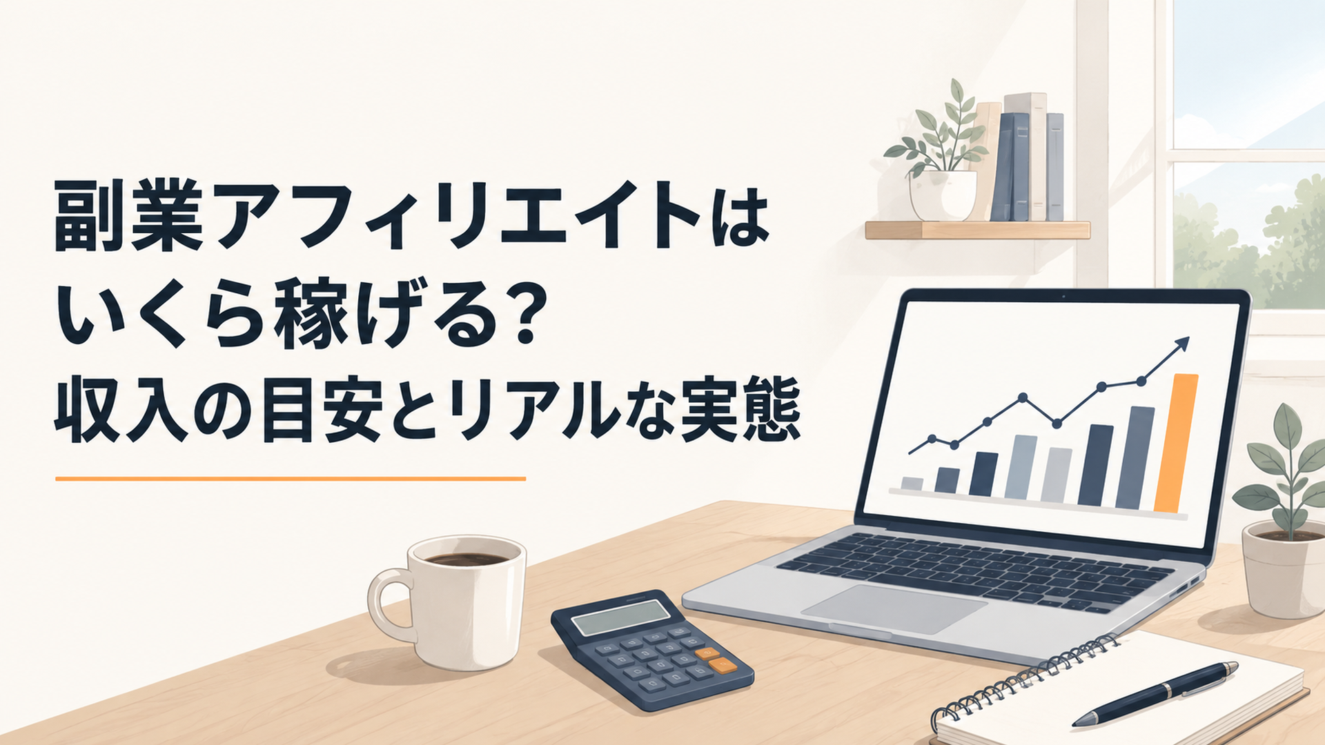 ノートパソコンの画面に表示された収入グラフと、電卓・コーヒーの置かれた在宅ワークの机。落ち着いた朝の光