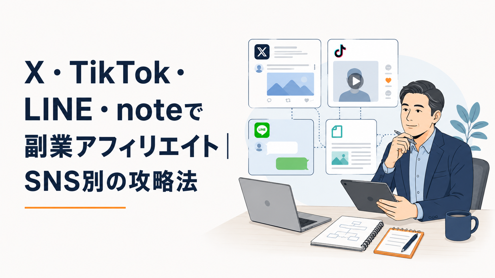 X・TikTok・LINE・noteの画面を見ながら副業アフィリエイトの発信計画を立てる40代会社員