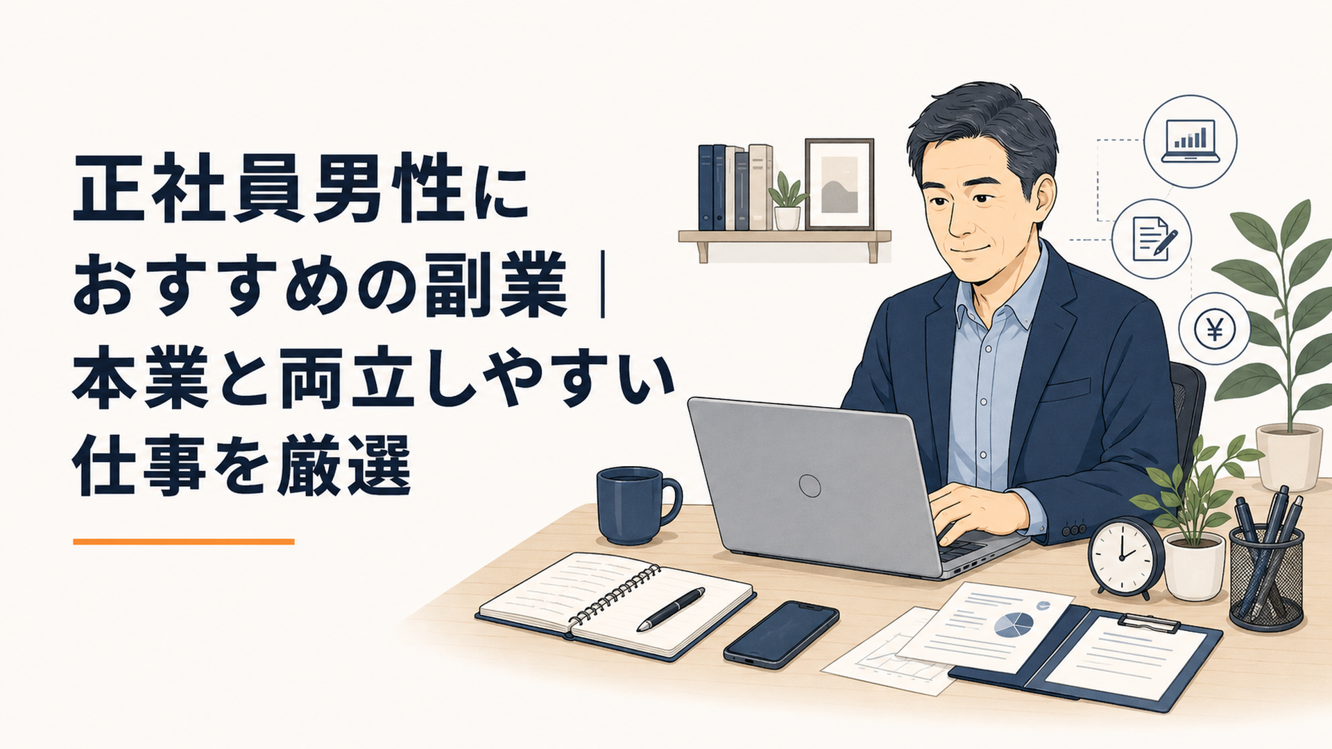 本業と副業を両立する40代会社員と複数の仕事道具