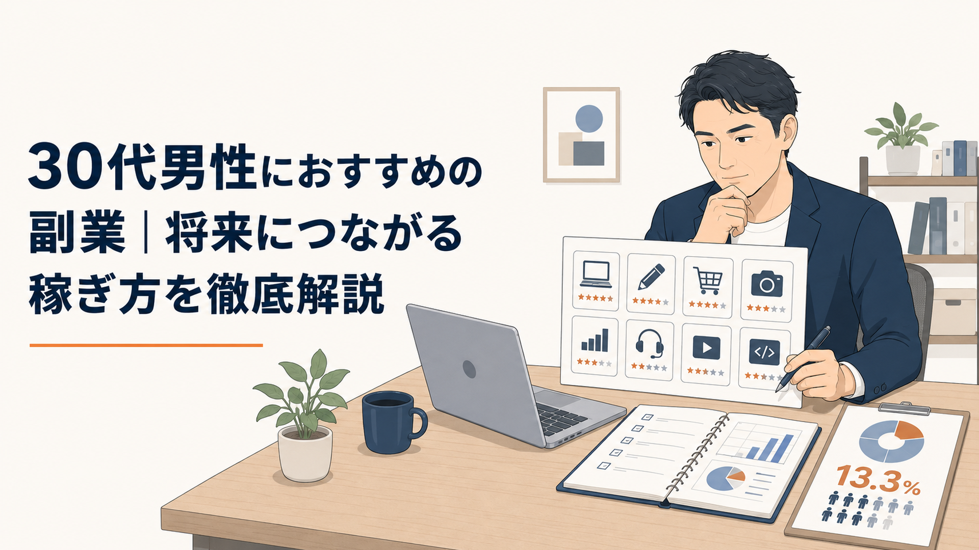 副業実施率13.3％の調査結果と8つの副業候補を机上で比較する30代会社員