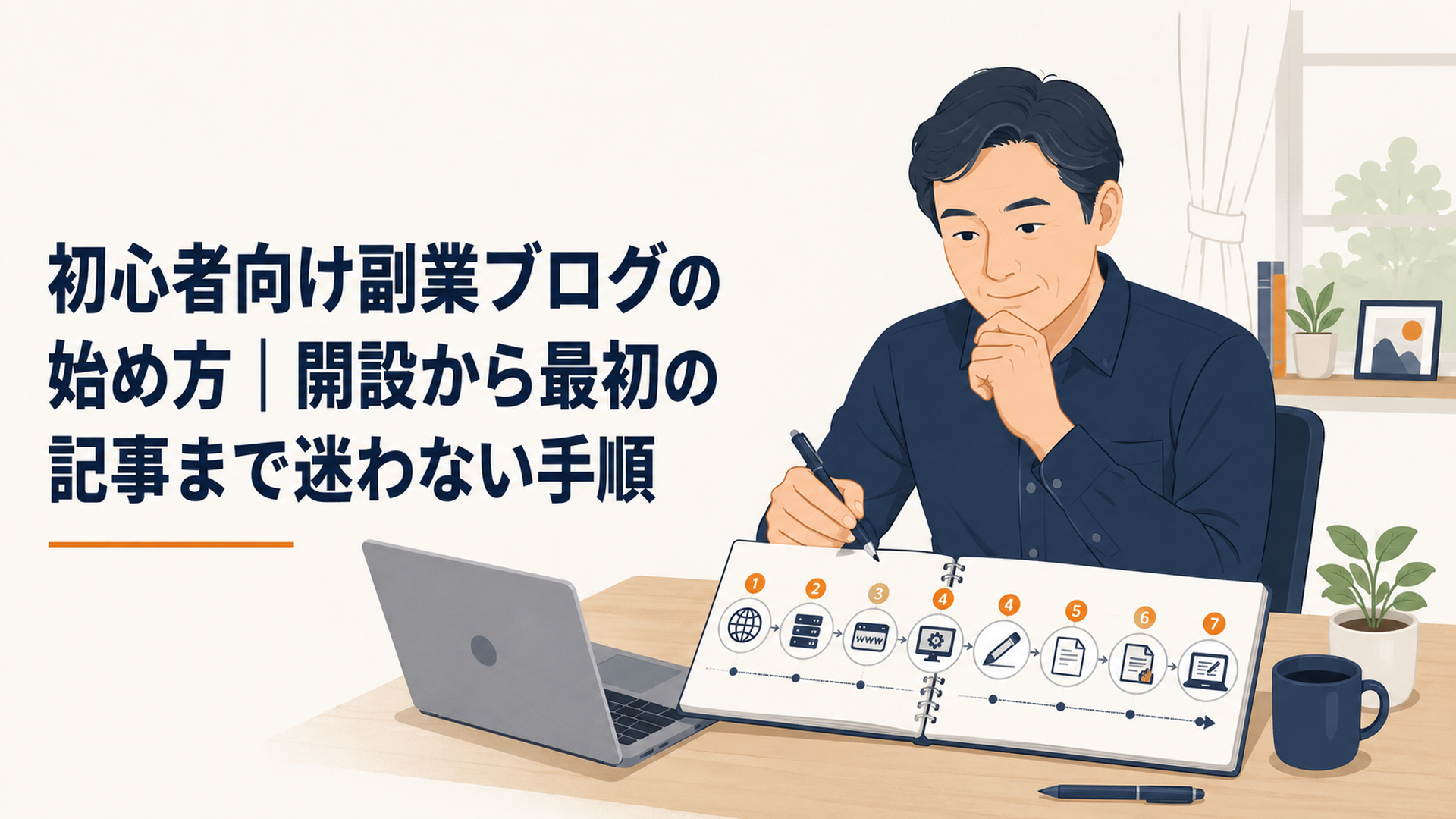 自宅の机で副業ブログ開始の7手順をノートに整理する40代会社員