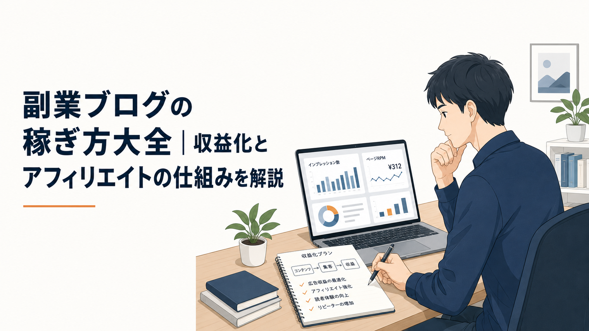 会社員がGoogle AdSenseの表示回数とページRPMを確認し、副業ブログの収益計画を見直している様子