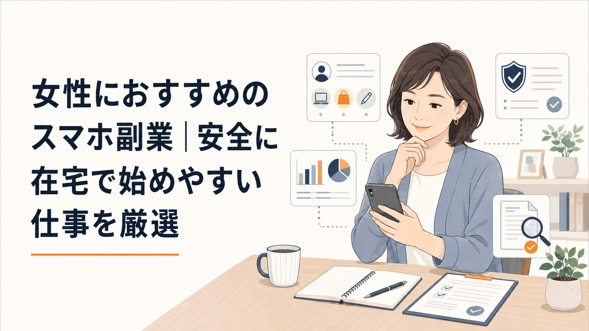 自宅のテーブルでスマートフォンを使い副業の仕事内容と契約条件を確認する40代女性