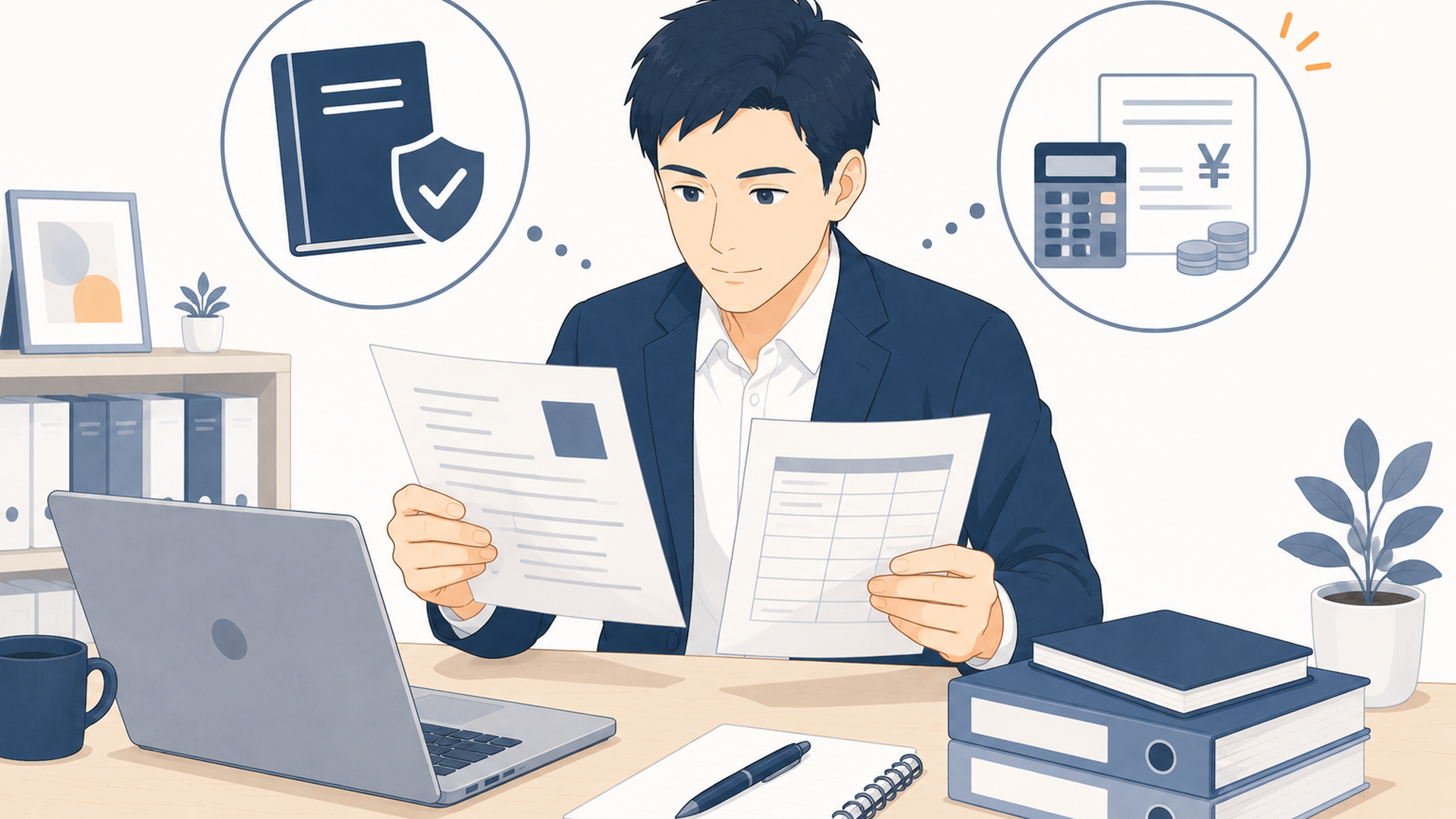 就業規則と税金の書類を確認する会社員