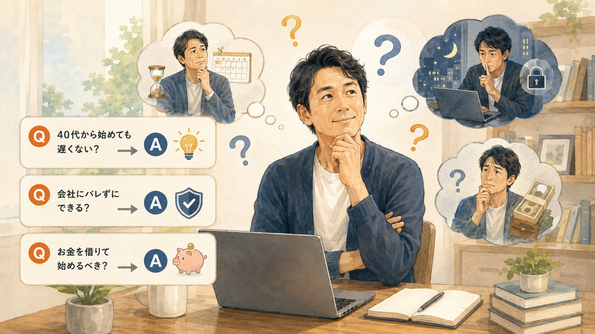 自宅の机で就業規則と副業計画を確認する40代会社員
