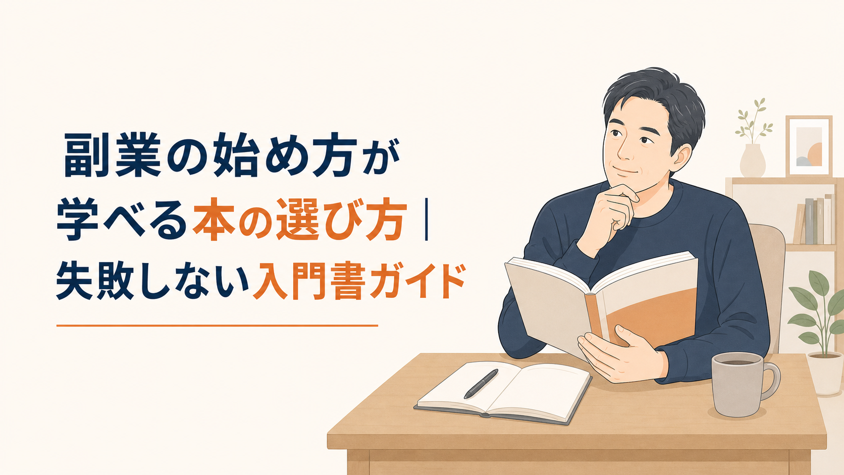 仕事終わりの自宅で副業本とノートを開き、40代会社員が自分に合う働き方を静かに検討している場面