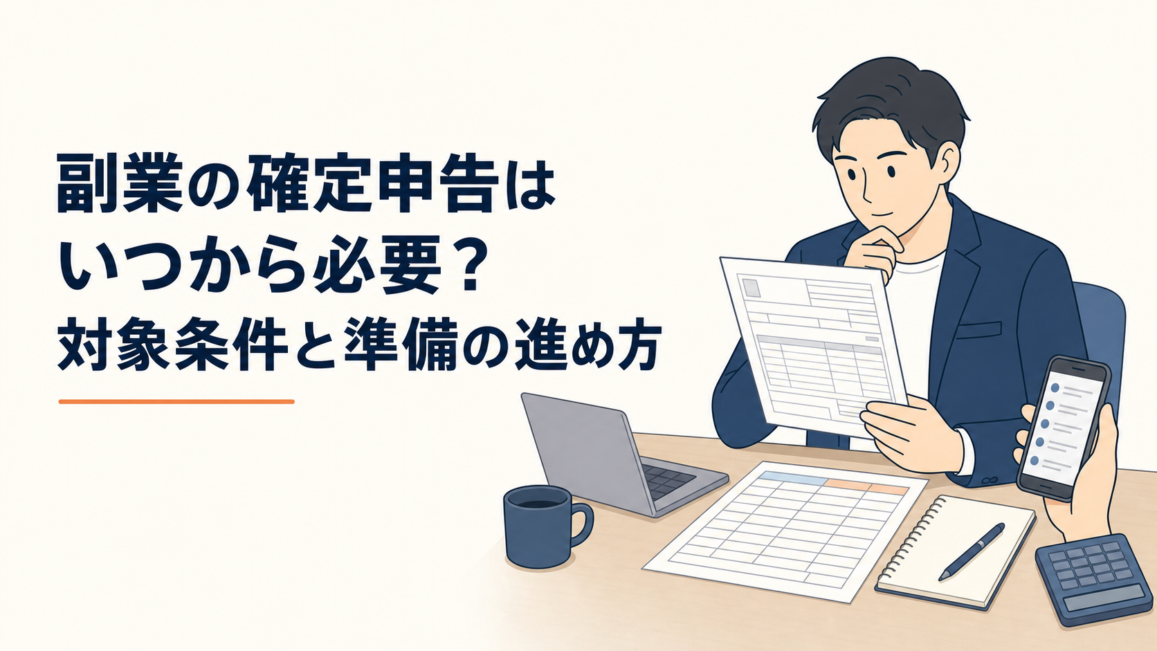 源泉徴収票、副業の収支表、スマートフォンの取引履歴を机の上で確認する会社員