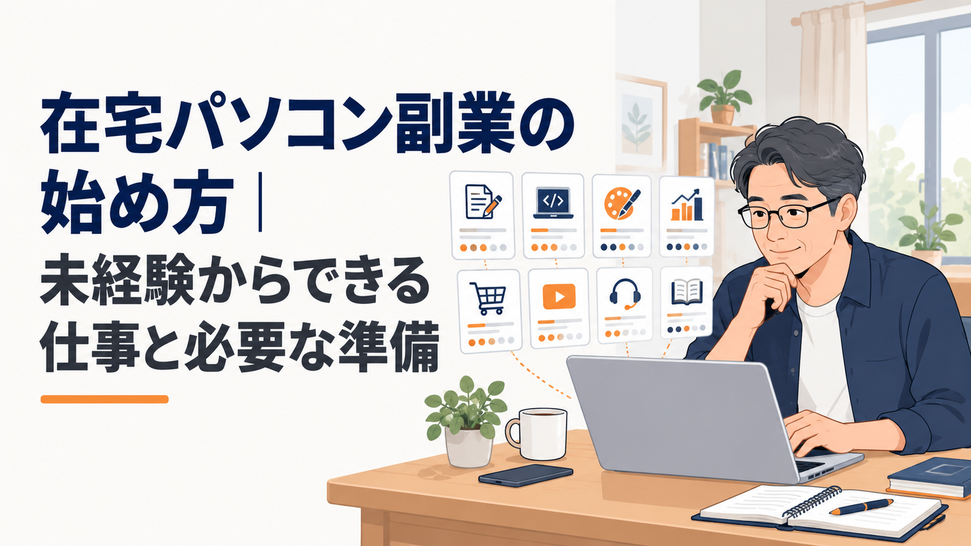 自宅の机でノートパソコンを開き在宅副業8職種の条件を比較している40代会社員