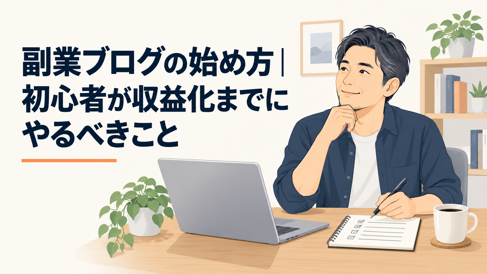 ノートパソコンの前で、手書きの計画メモとコーヒーを並べて副業ブログの準備をする40代男性の落ち着いた机